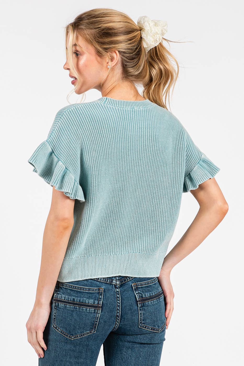 MINERAL WASH RUFFLE SHORT SLEEVE SWEATER TOP