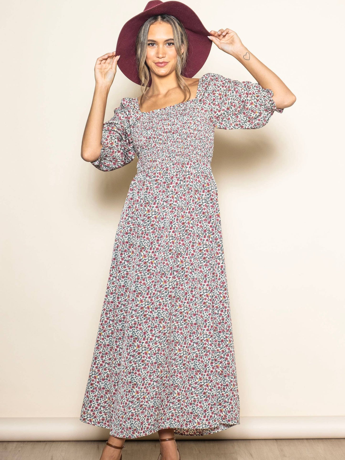 Floral Print Ruffle Detail Smocked Maxi Dress with Pockets