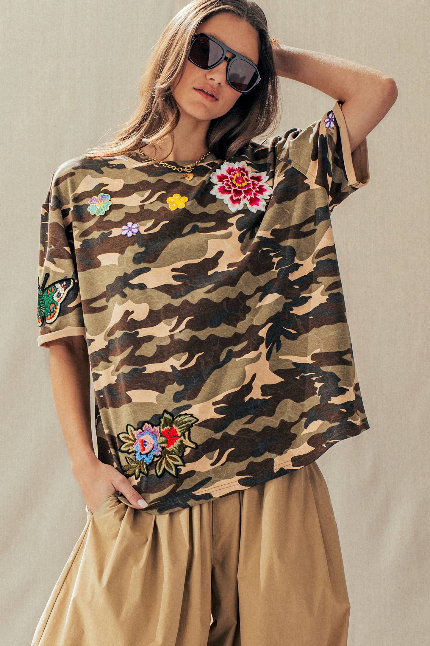 Camo Floral Patch Oversized Cotton Tee