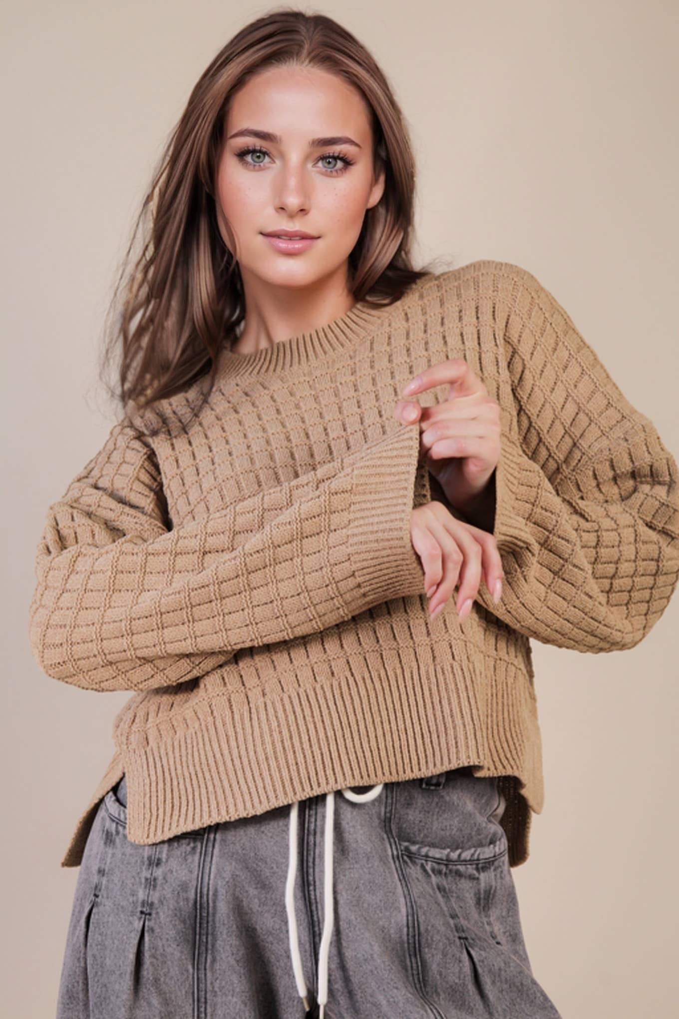 12W3518N-Oversized Textured Solid Casual Knit Sweater Top