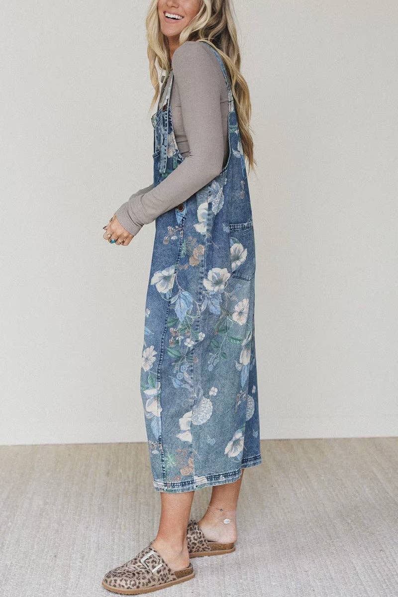 Mccolin - Floral Pattern Denim Jumpsuit