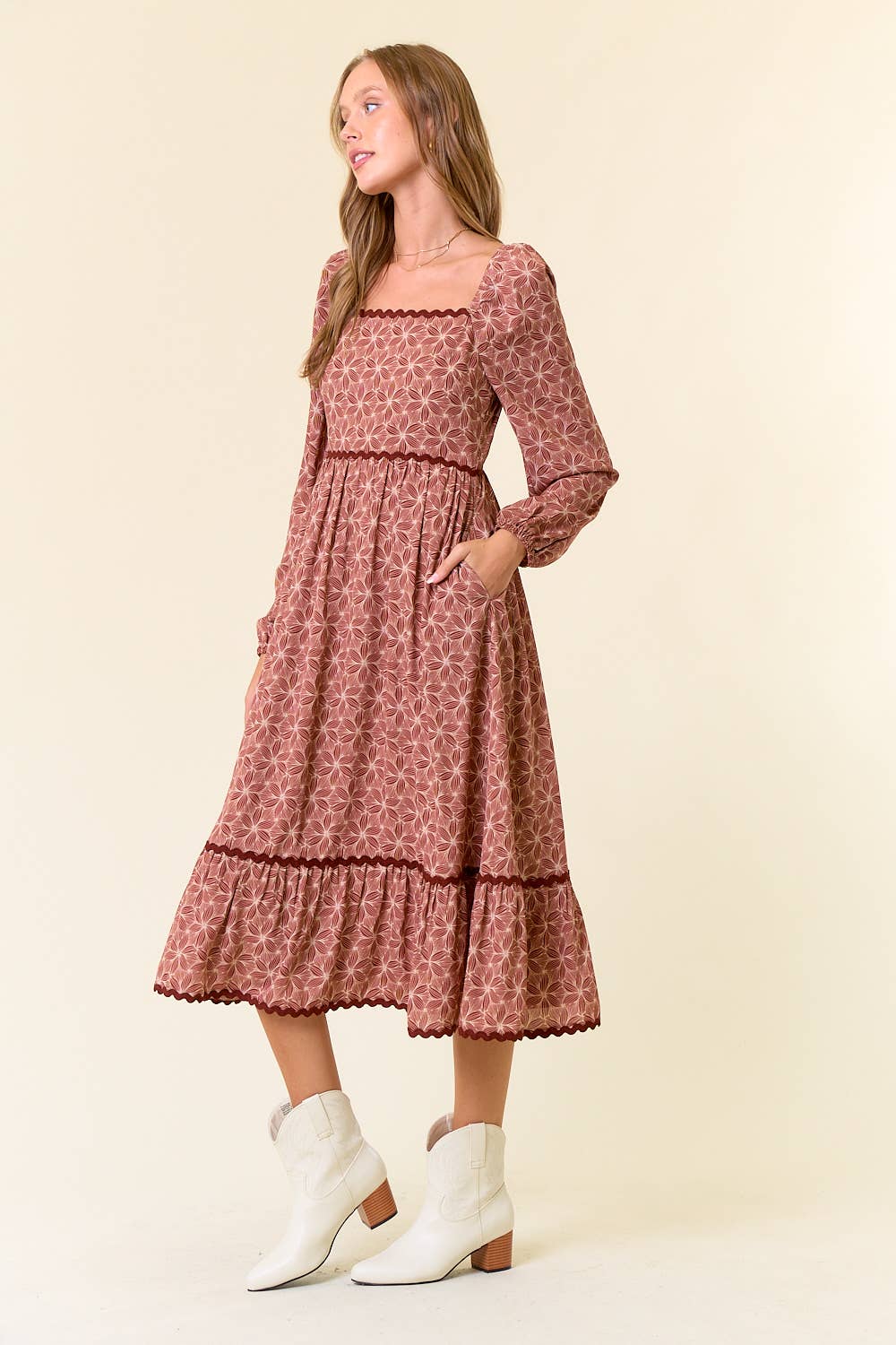 Floral Square Neck Lace Tiered Midi Dress - 27847D
