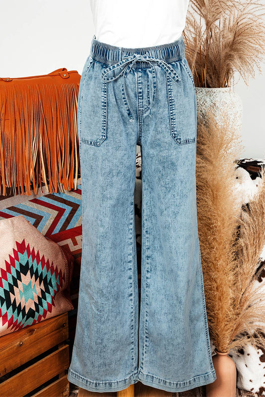 Fall Mineral Wash Drawstring Loose Straight Denim Pants