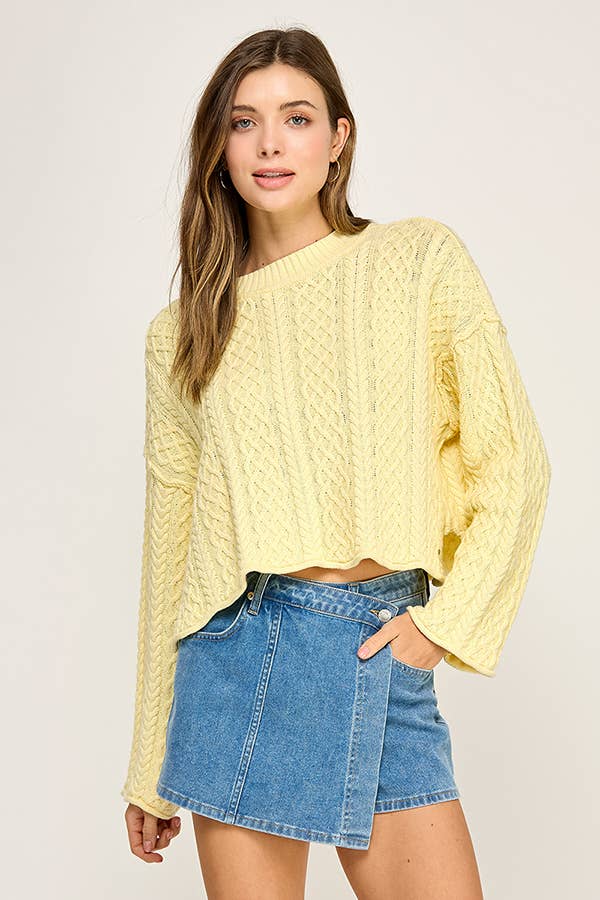 CROPPED CABLE KNIT PULLOVER