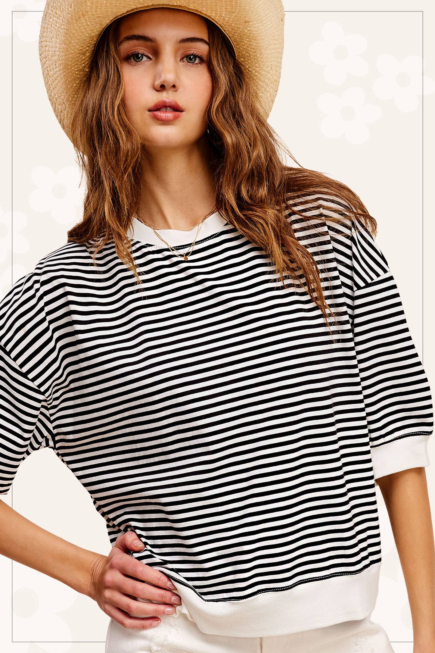 MCT7688-Loose Fit Striped Short Sleeve Crew Neckline Top