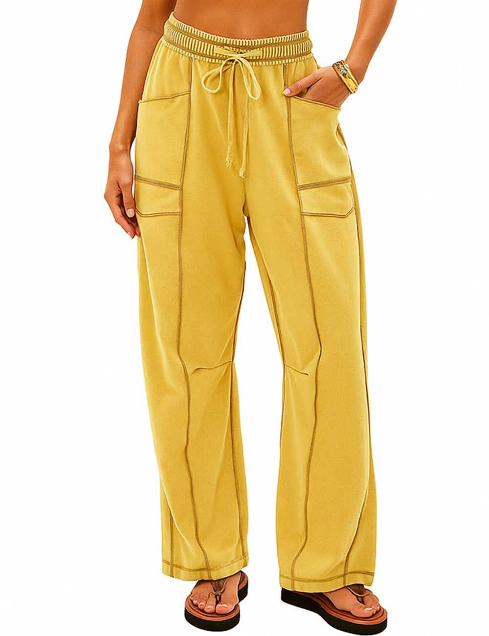 Ladies Contrast Stitching Elastic Waist Drawstring Barrel Pants