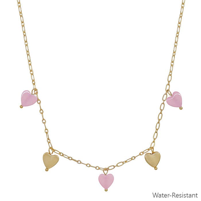 What's Hot - Water Resistant Gold Heart and Pink Heart Charm 16"-18" Necklace