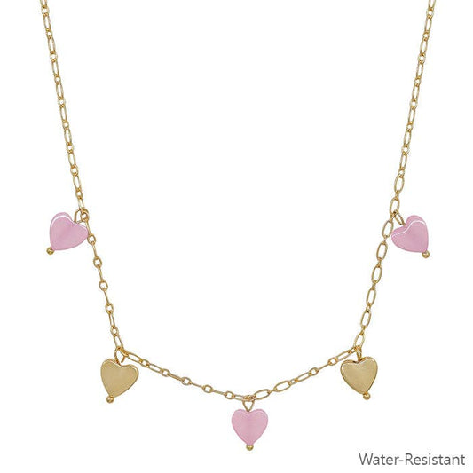 What's Hot - Water Resistant Gold Heart and Pink Heart Charm 16"-18" Necklace