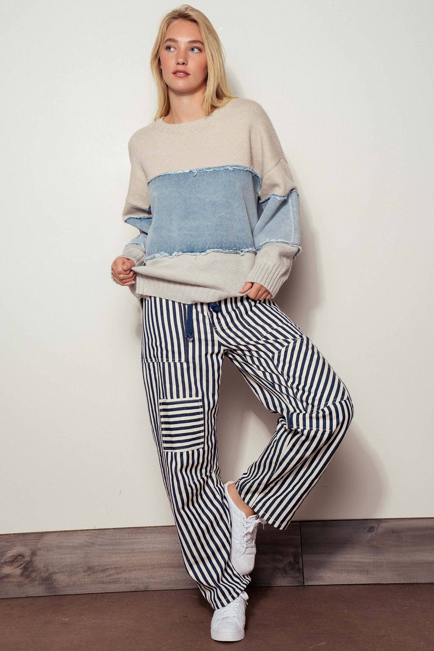 Colorblock Distressed Denim Patchwork Knit Sweater