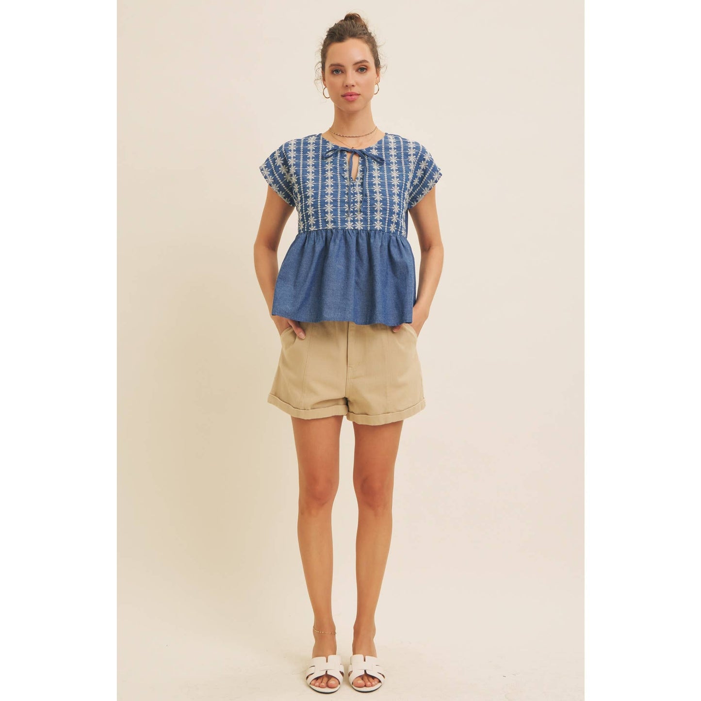 EMBROIDERY BABYDOLL DENIM BLOUSE TOP WITH ROUND SPLIT NECK