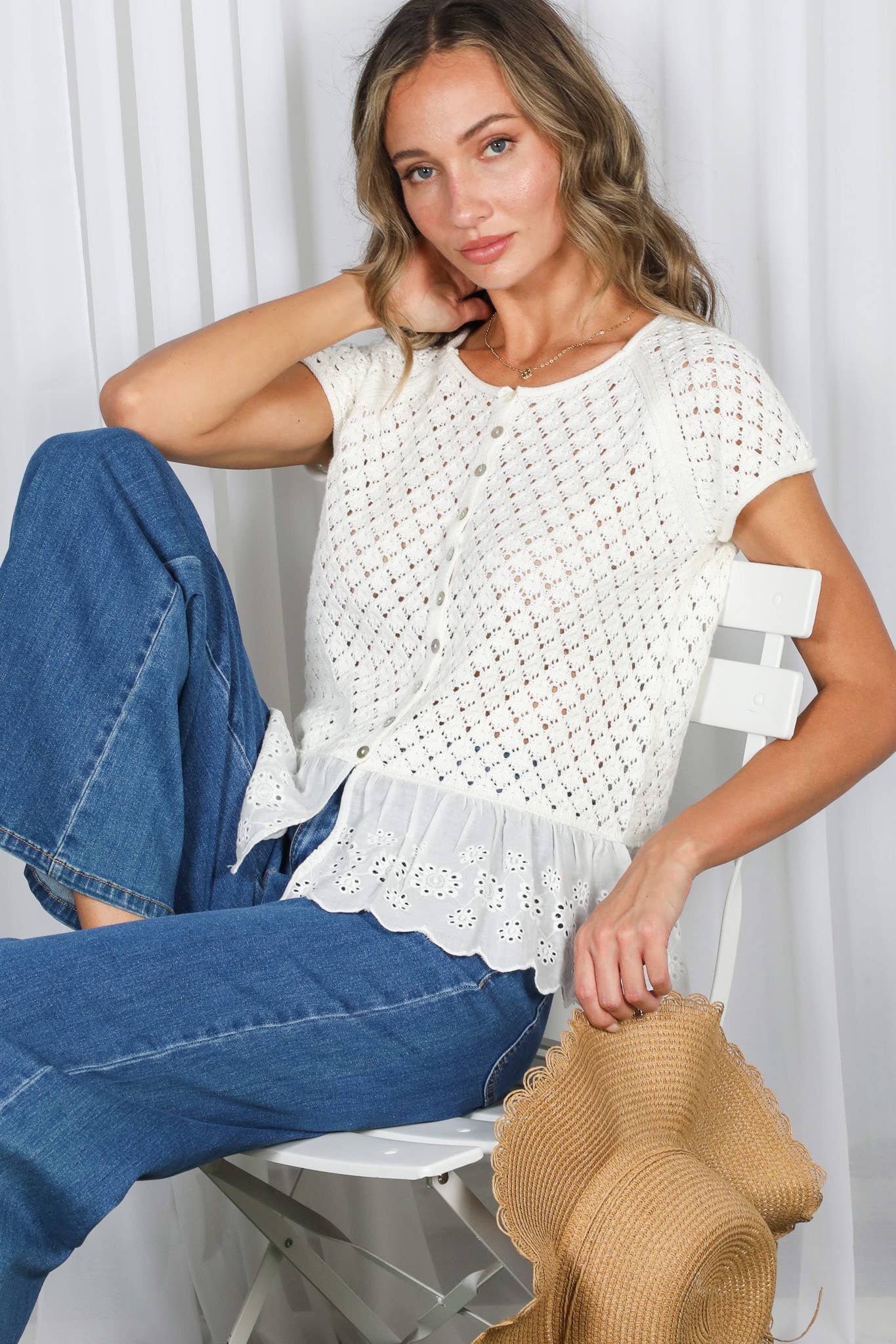 Eyelet Lace Ruffle Hem 100% Cotton Crochet Sweater VT82969