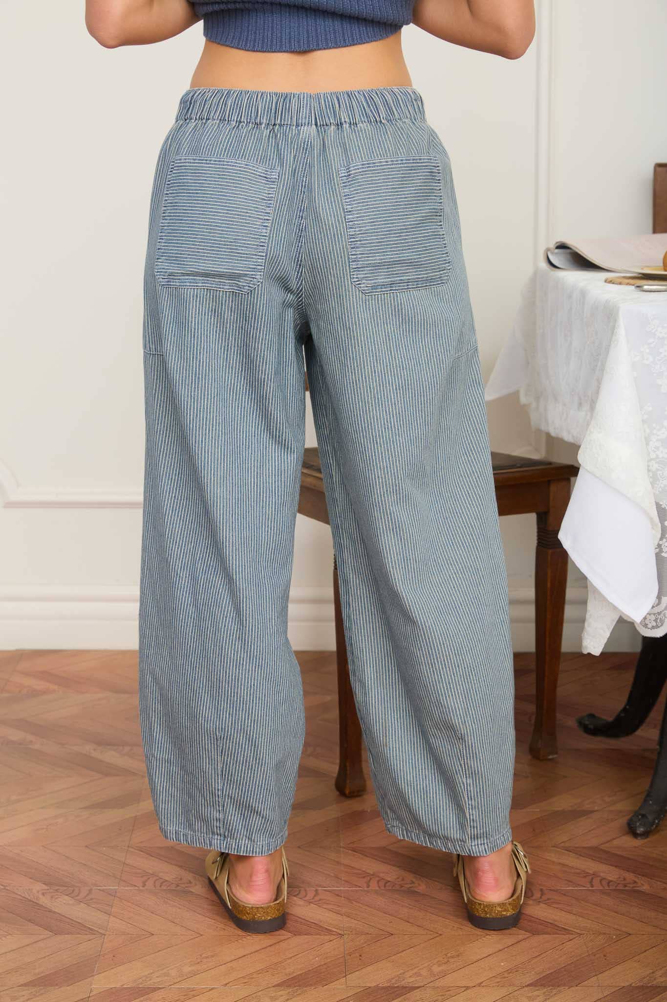 STRIPE DENIM WAIST TIE PARACHUTE PANTS