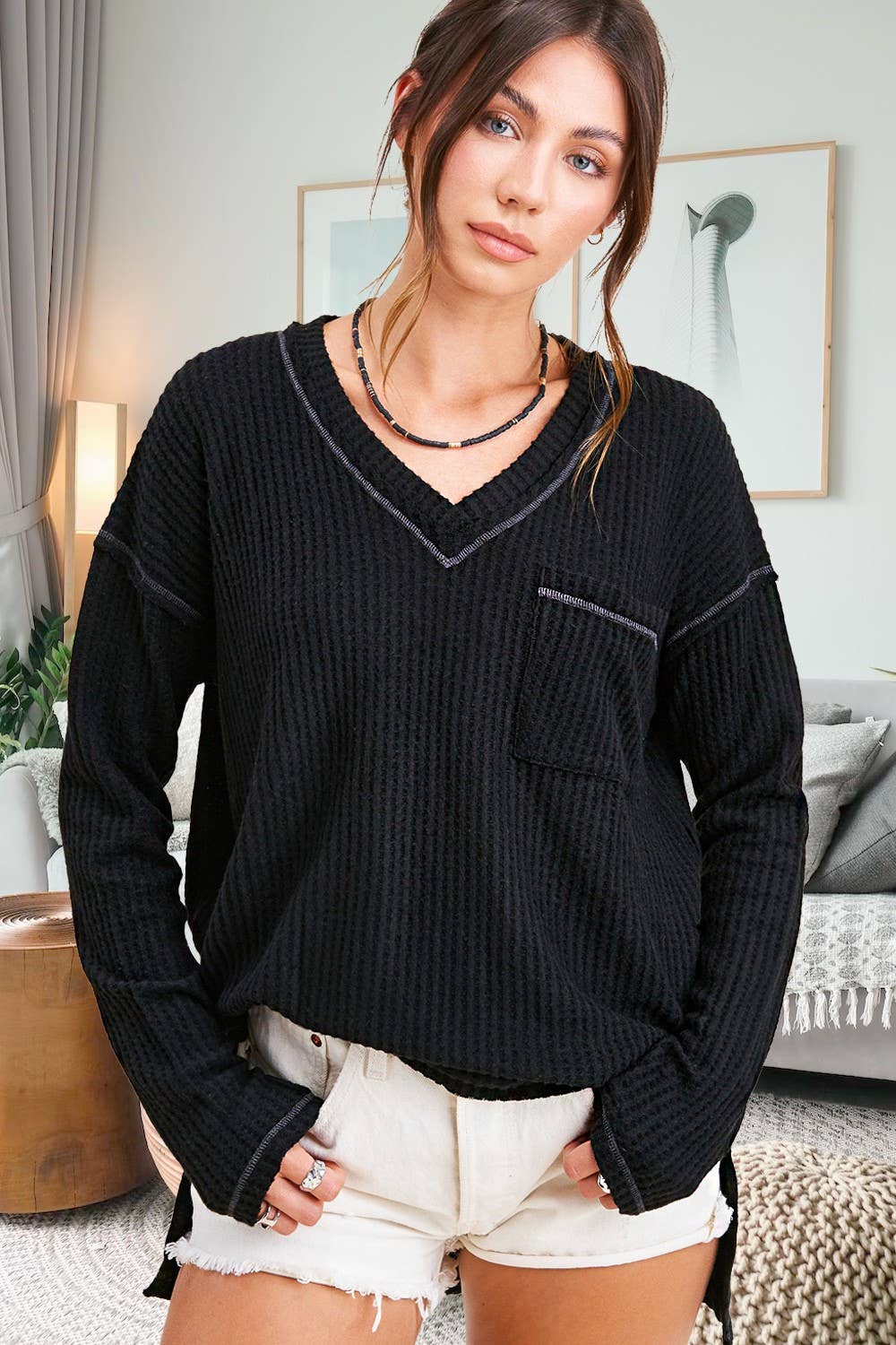 JAT7555-Stretchy Brushed Waffle V-neck Long Sleeve Top