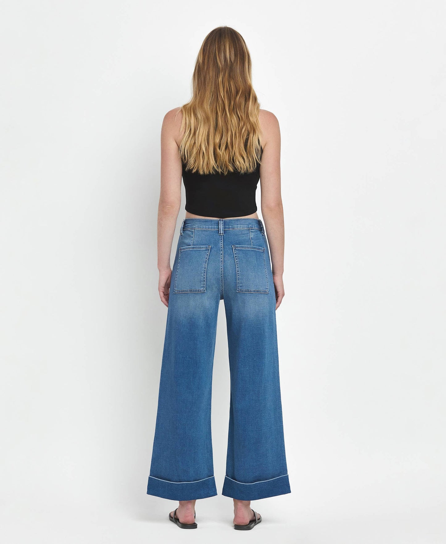 HIGH RISE DOUBLE CUFFED BAGGY WIDE JEANS V3589