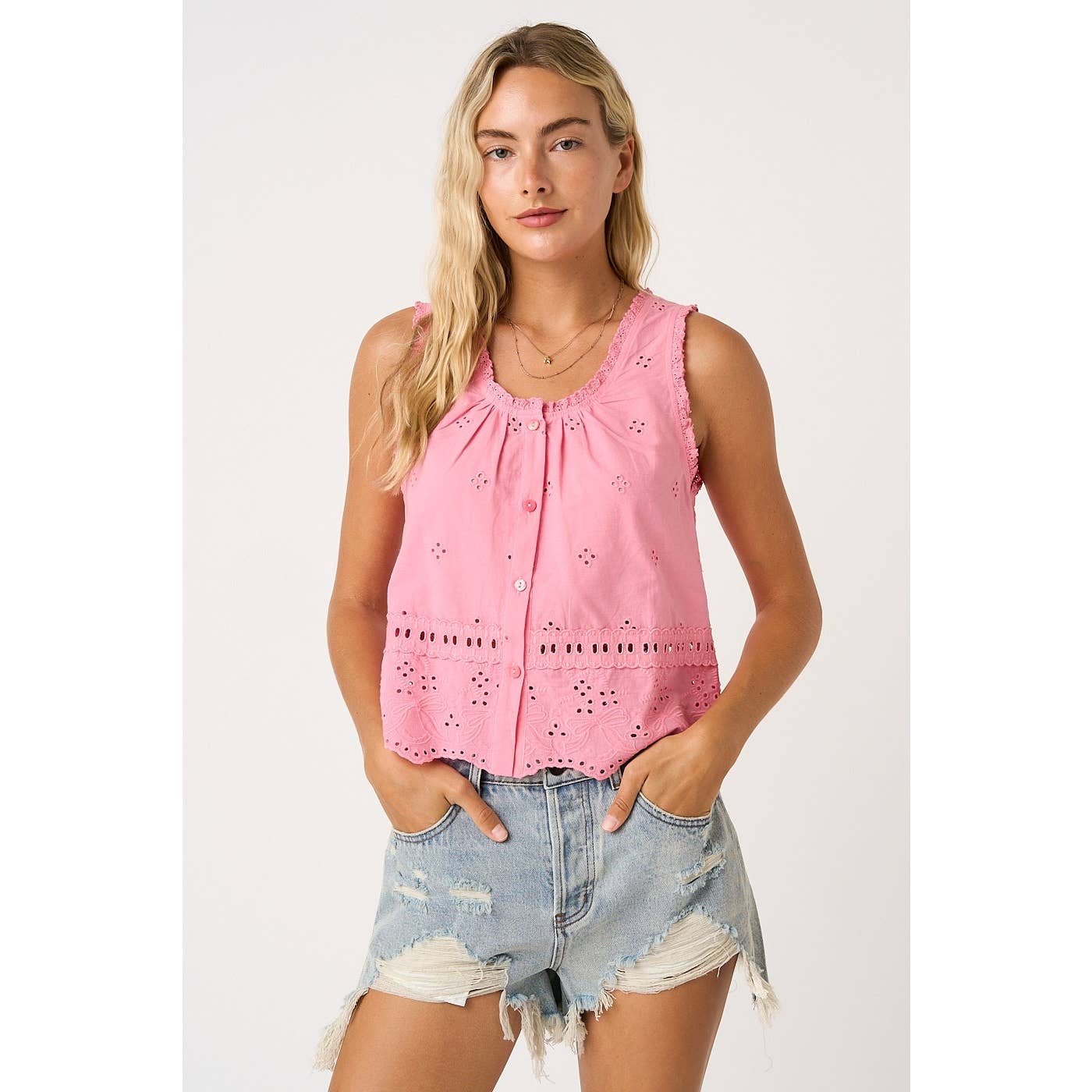mittoshop - EMBROIDERED EYELET BUTTON FRONT TANK TOP