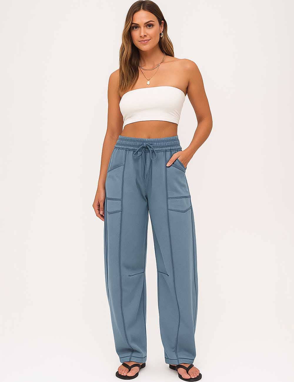 Ladies Contrast Stitching Elastic Waist Drawstring Barrel Pants