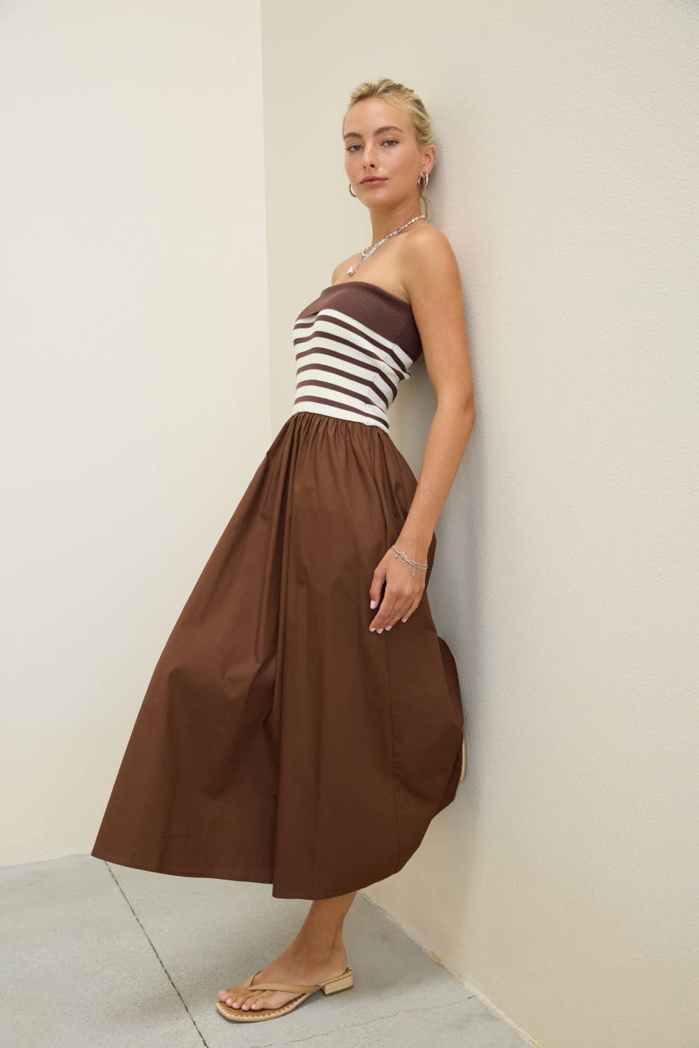 Dottie Dottié Garage - Stripe Knit Bodice Strapless Woven Skirt Midi Dress
