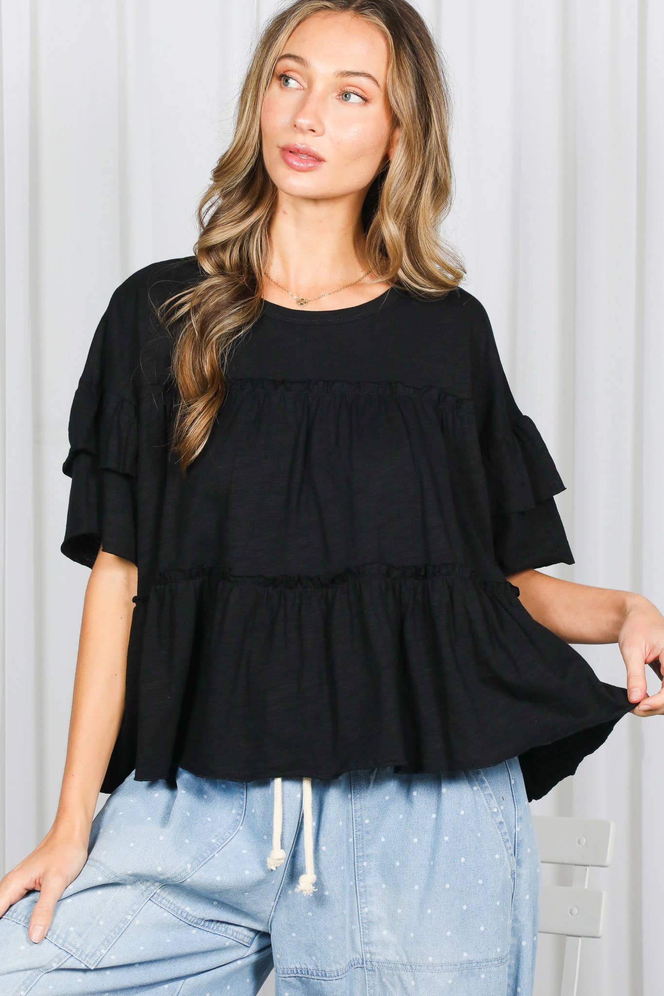 Ruffle Tired Crew Neck 100%Cotton Top VT83163