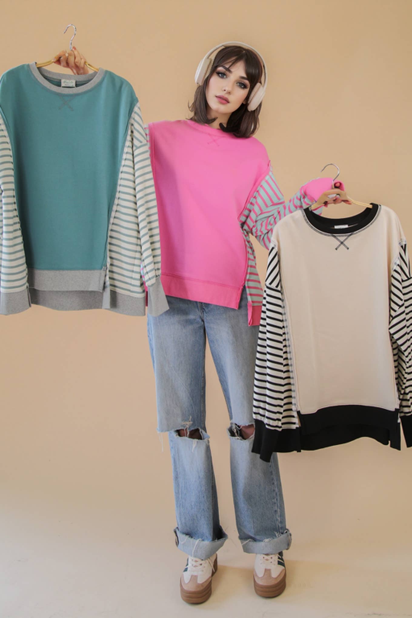 NT12221-Oversized Striped Casual Knit Top