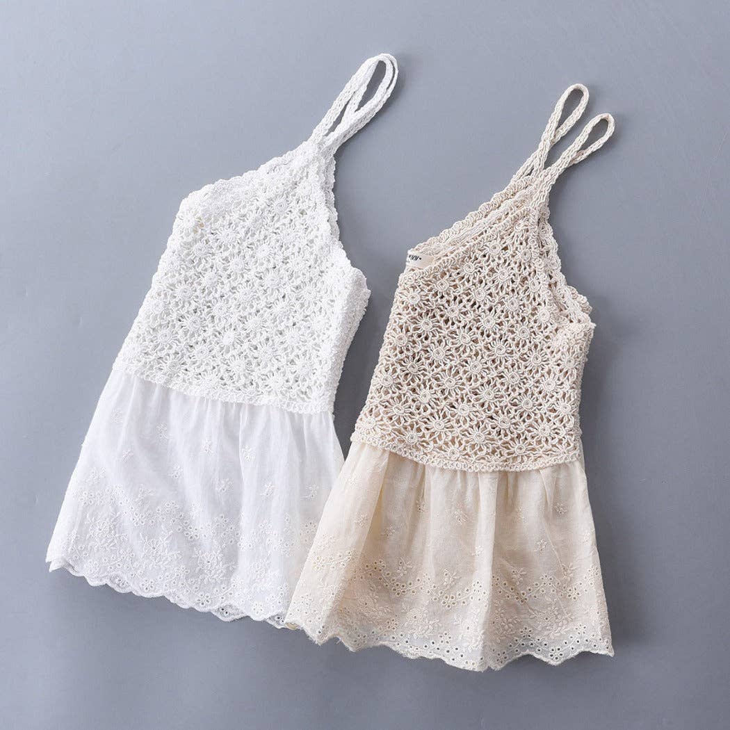 Funkyrel® Atzbranding Limited - Vesty - Lace-Knit V-Neck Cami Top - White & Beige