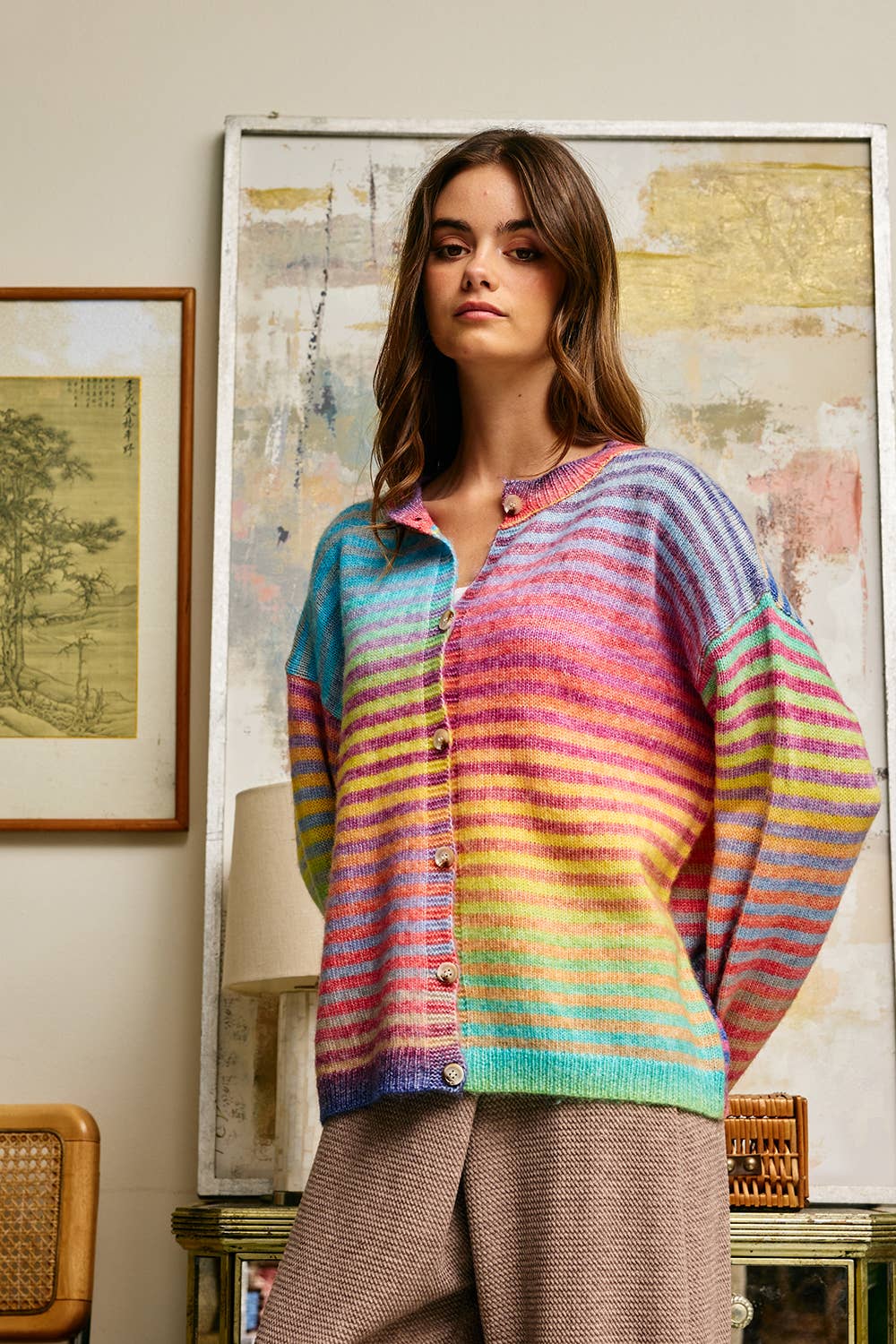 BUCKETLIST INC - IT3002 Space-Dye Striped Button-Down Cardigan