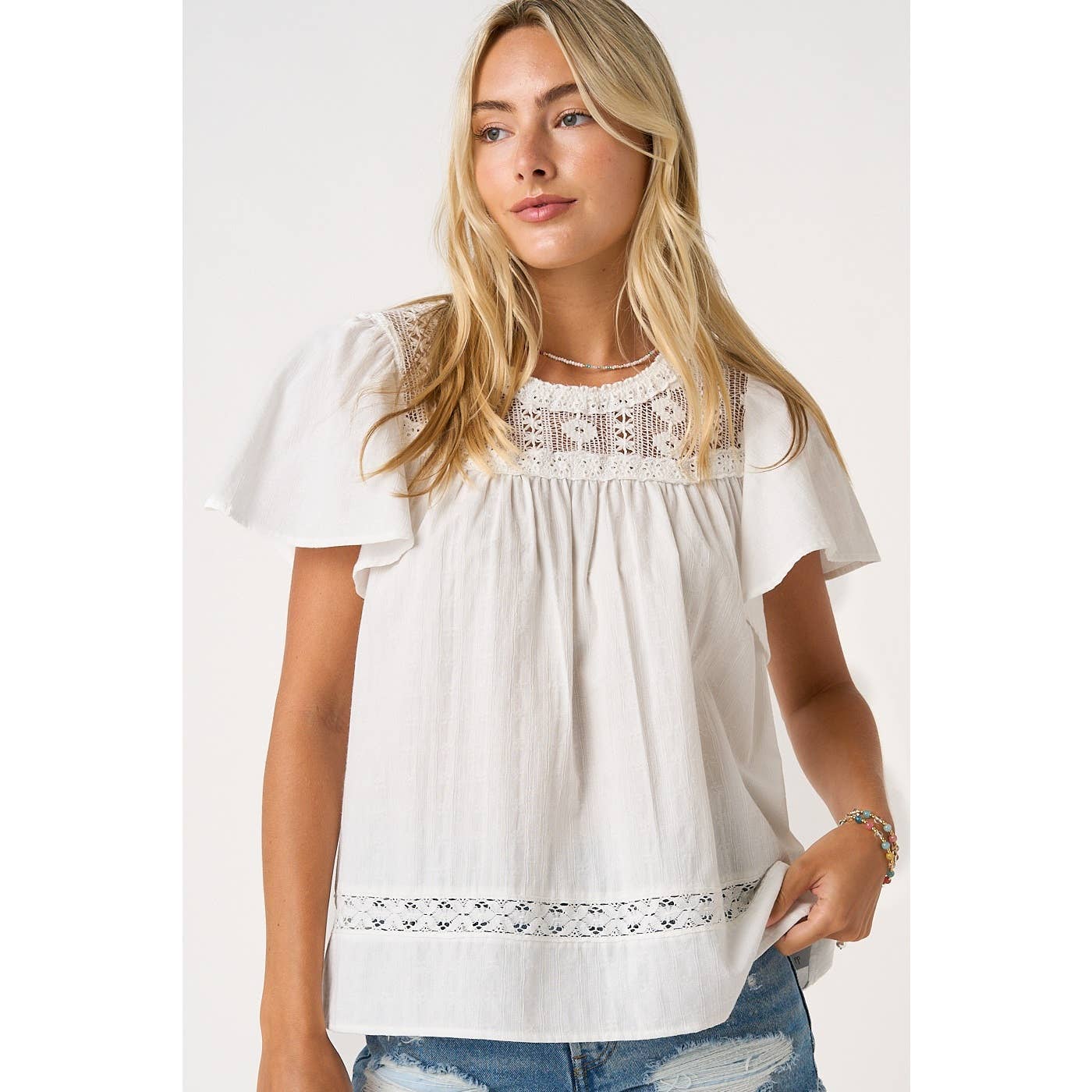 mittoshop - LACE DETAIL SHORT FLUTTER SLEEVE TOP