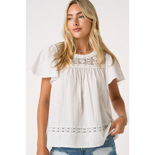 mittoshop - LACE DETAIL SHORT FLUTTER SLEEVE TOP