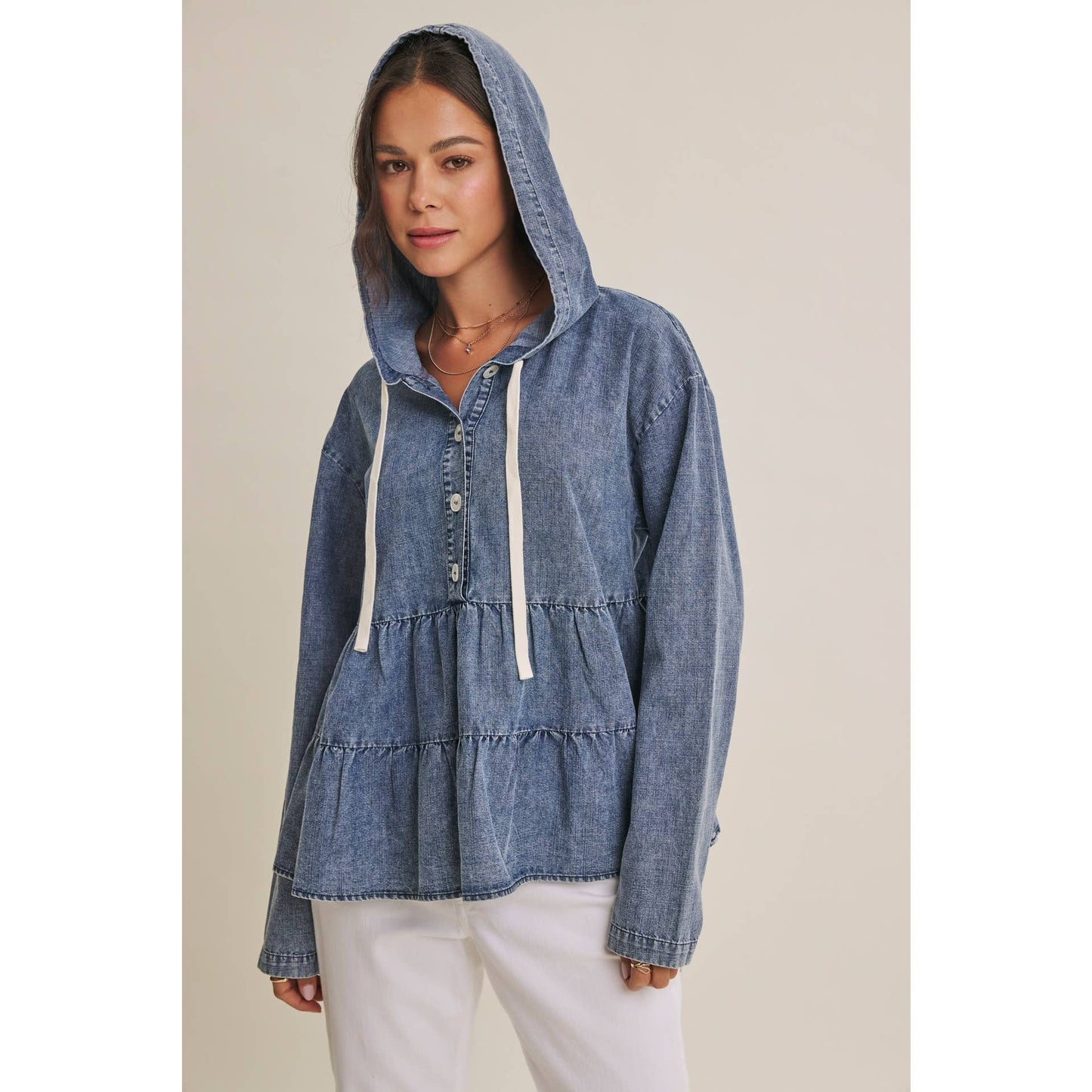in february - DUSTY ROAD MINERAL-WASHED HOODED TIERED RUFFLES DENIM TOP