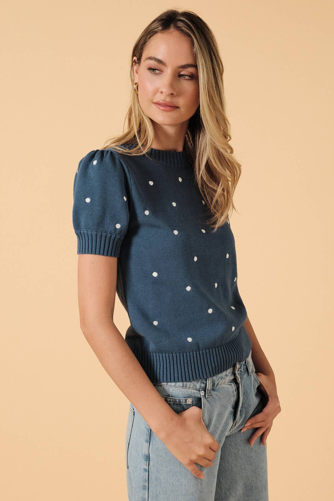 ROUND NECK PUFF SHORT SLEEVE "POLKA DOT" EMBROIDERED SWEATER