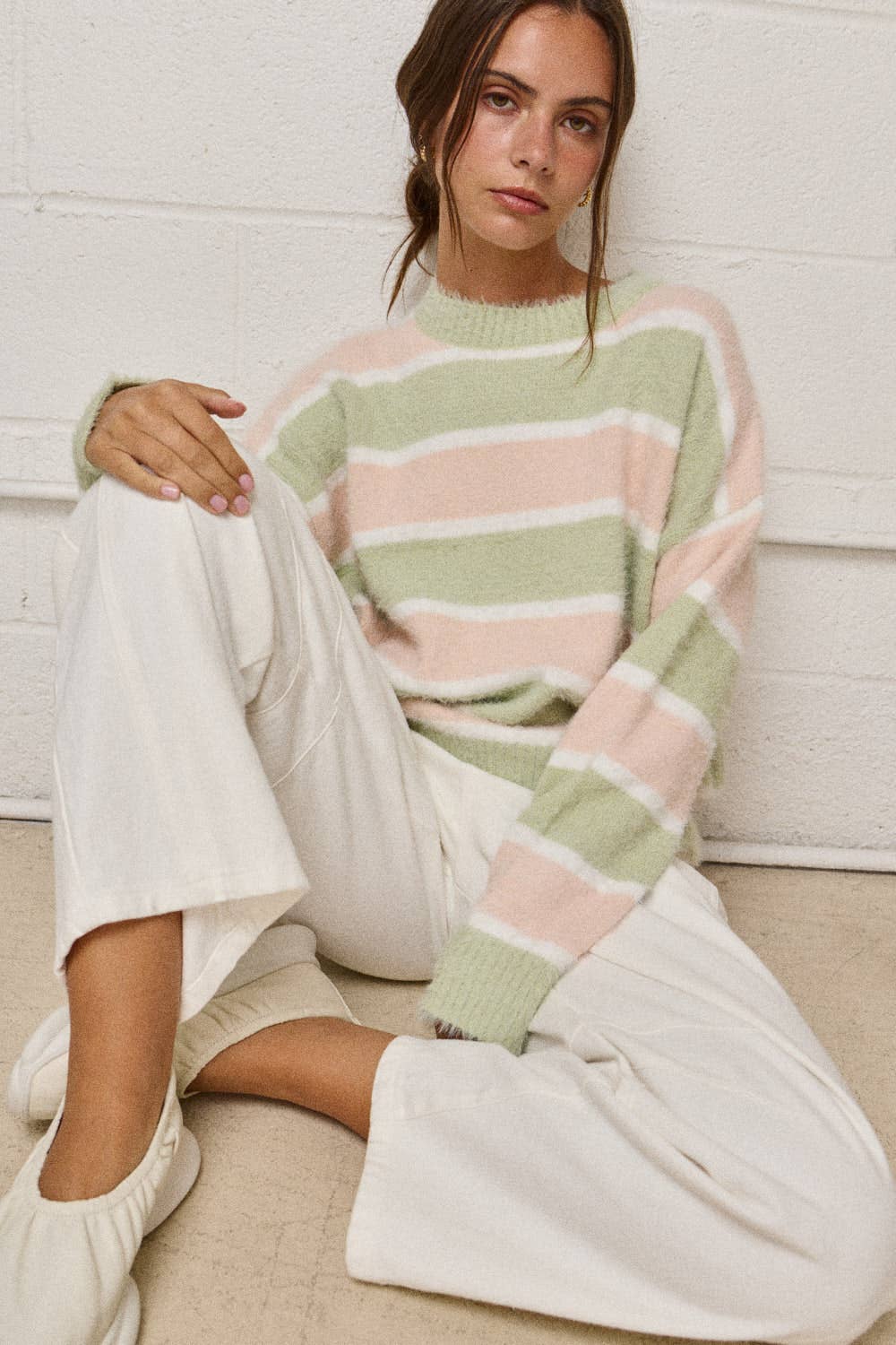 PT19021 - Loose Fit Striped Fuzzy Knit Sweater Top