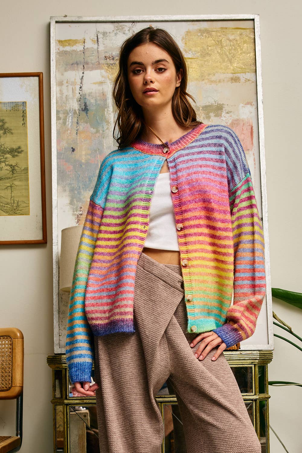 BUCKETLIST INC - IT3002 Space-Dye Striped Button-Down Cardigan