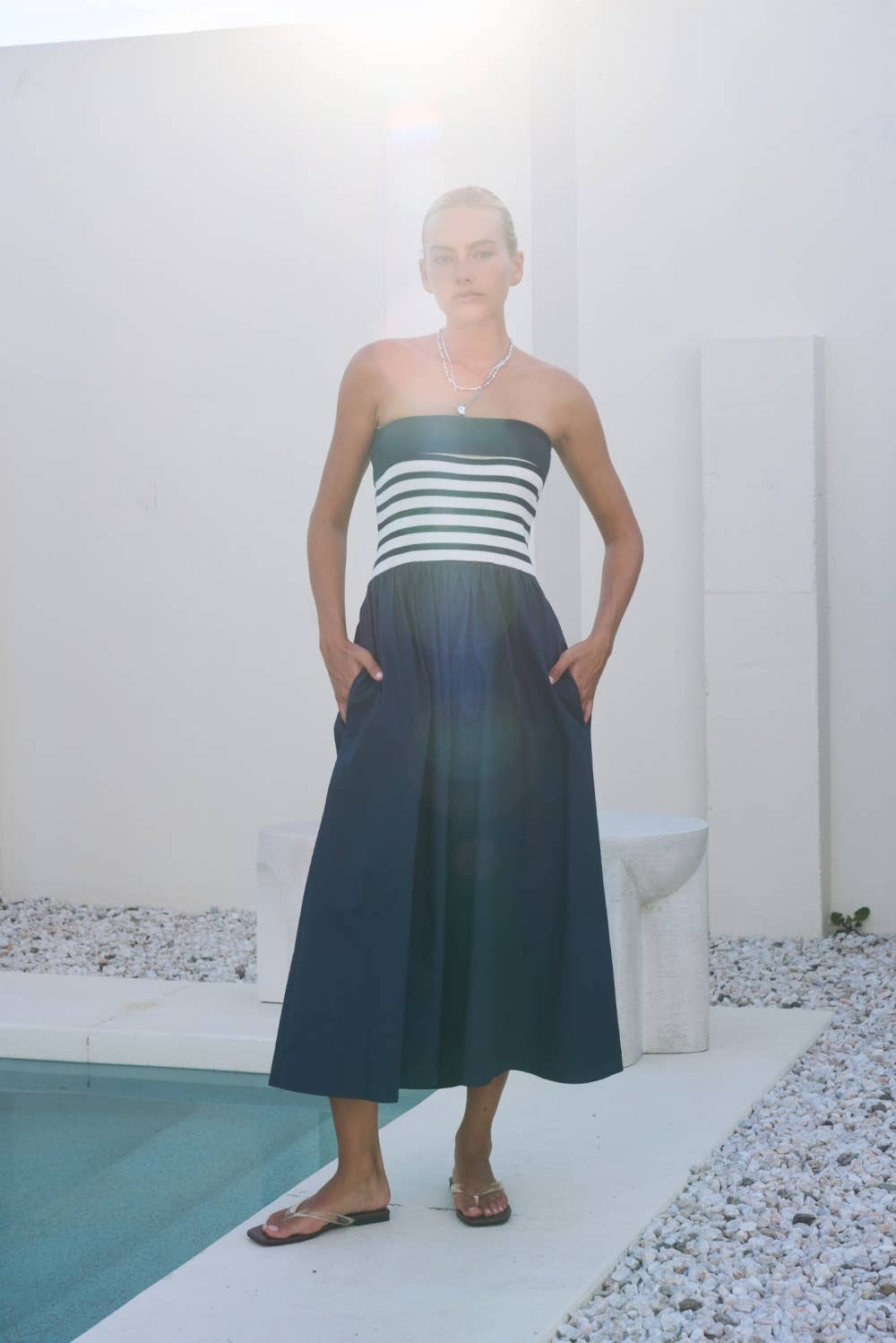 Dottie Dottié Garage - Stripe Knit Bodice Strapless Woven Skirt Midi Dress