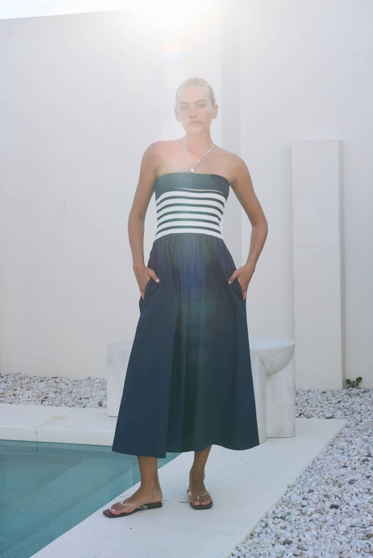 Dottie Dottié Garage - Stripe Knit Bodice Strapless Woven Skirt Midi Dress