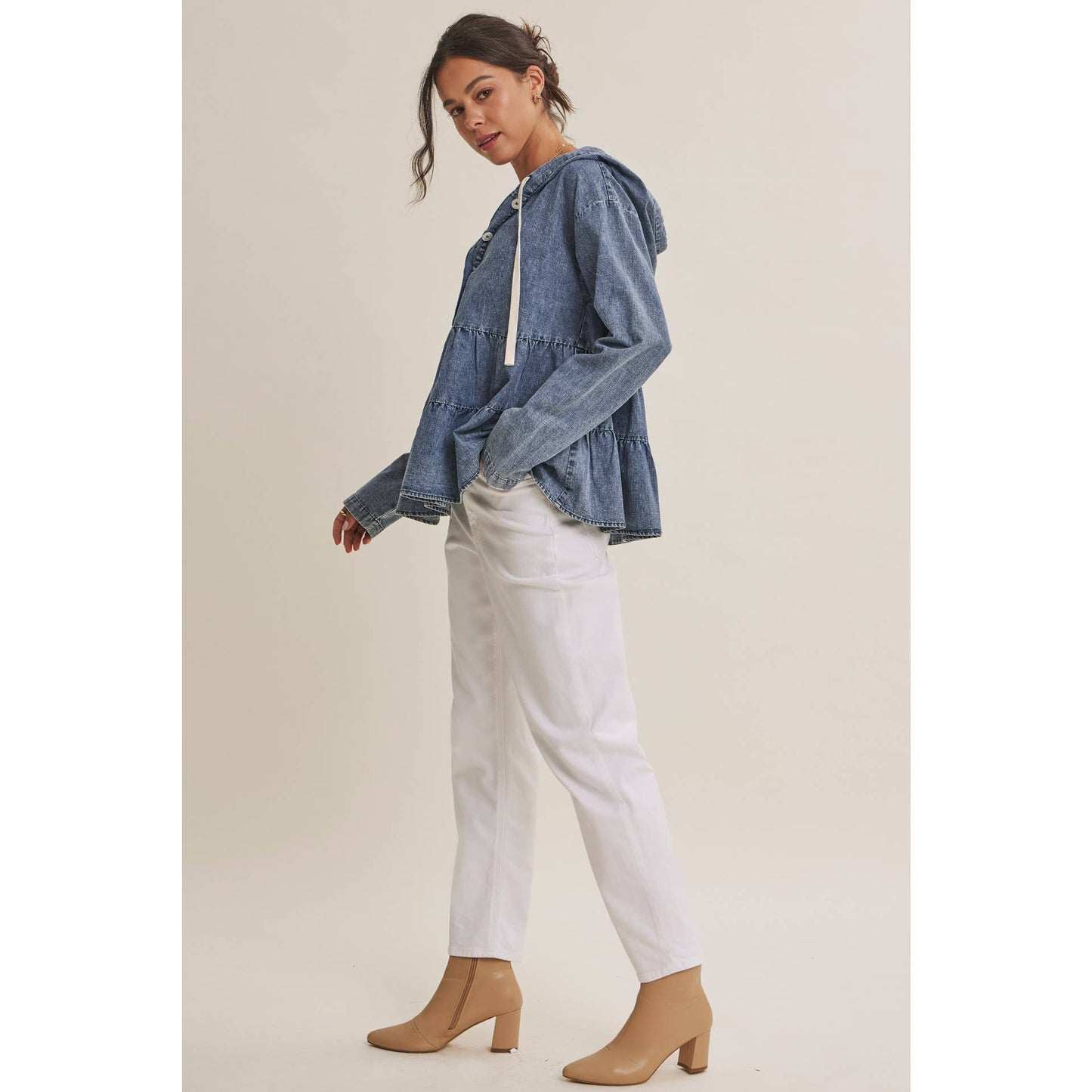 in february - DUSTY ROAD MINERAL-WASHED HOODED TIERED RUFFLES DENIM TOP