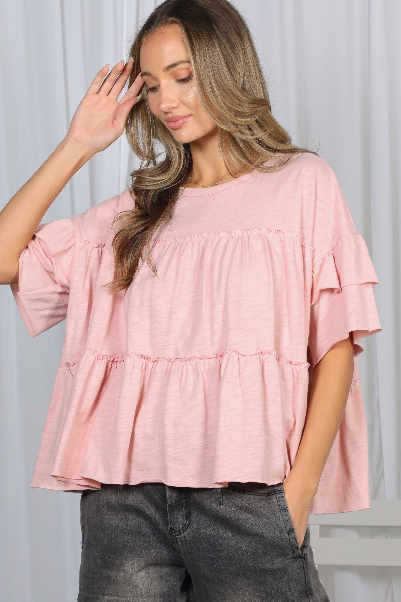 Vine & Love - Ruffle Tired Crew Neck 100%Cotton Top VT83163