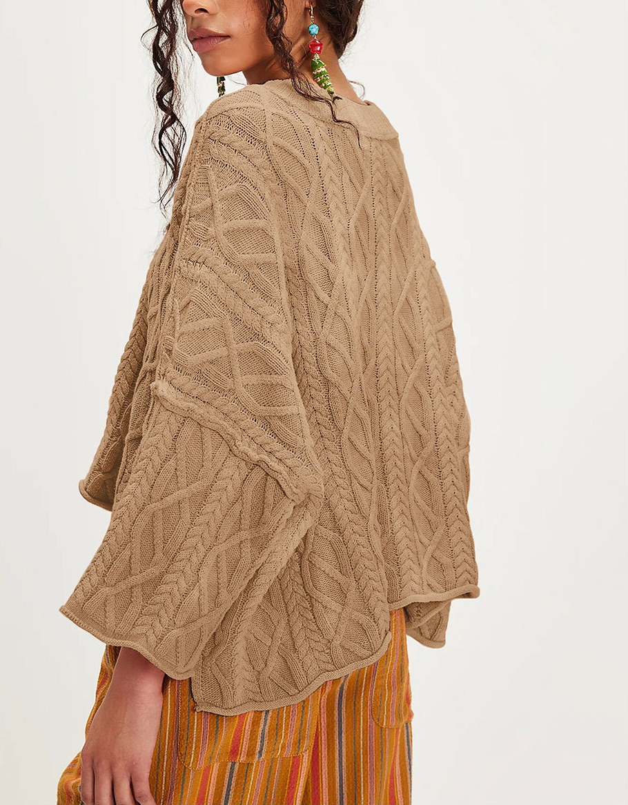 Chunky Cable Knit Crop Sweater–Loose Boho Crewneck Pullover