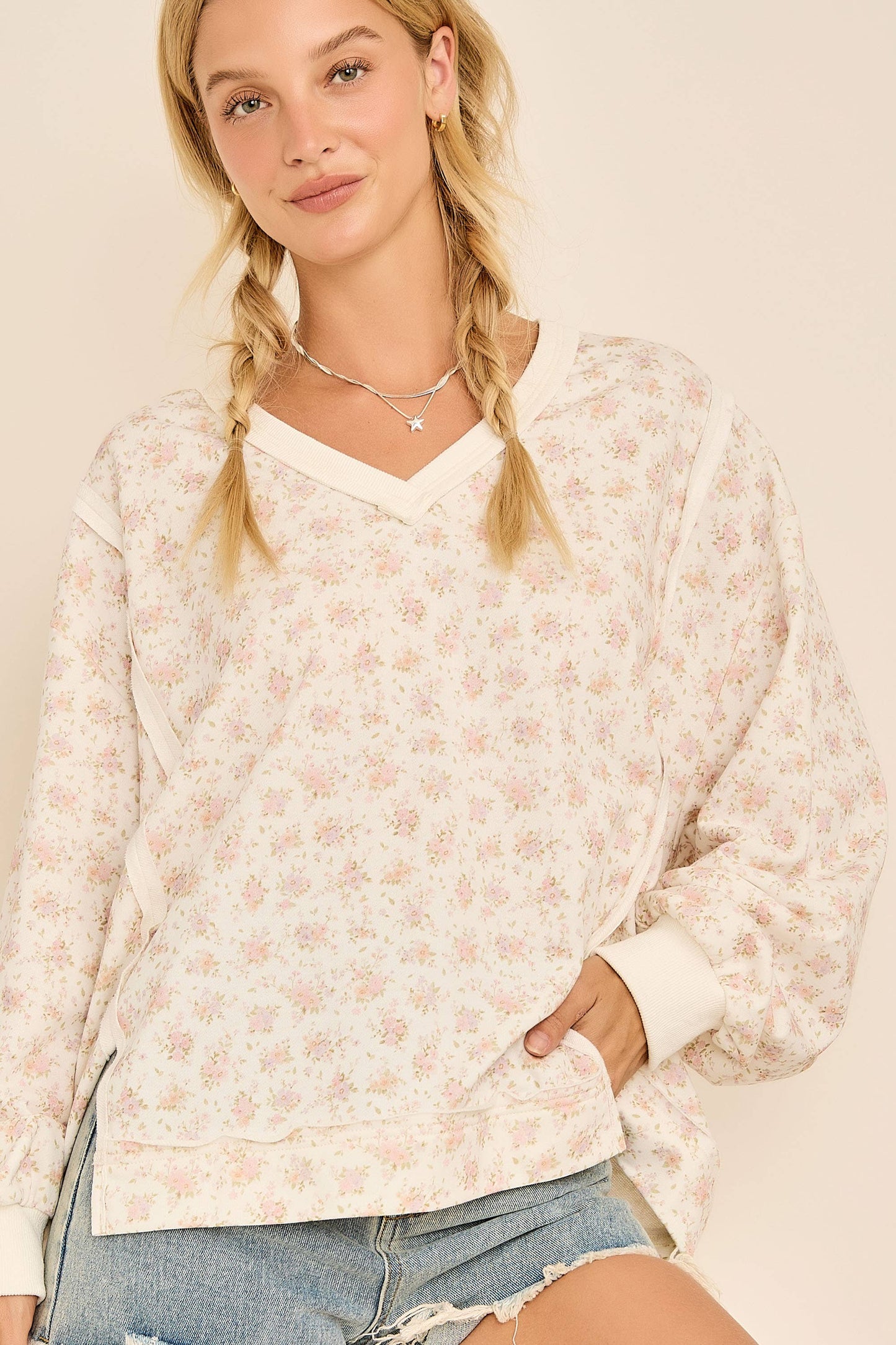 Oversized Floral Print V-Neck Long Sleeve Sweatshirt