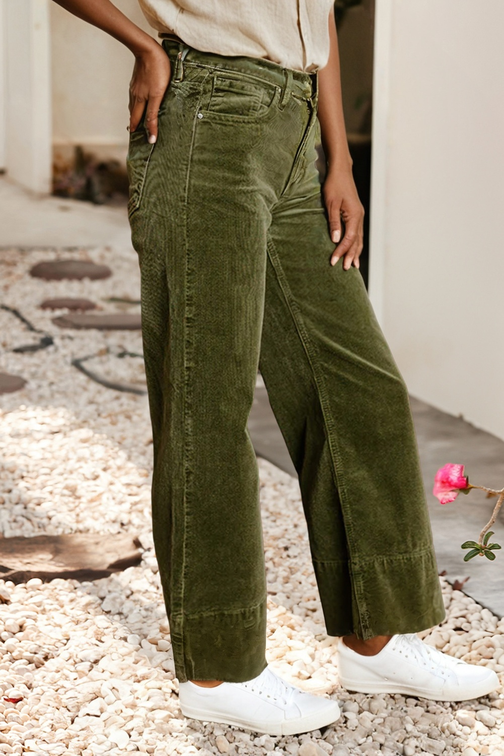 LDC Solid Color High Waist Corduroy Wide Leg Pants