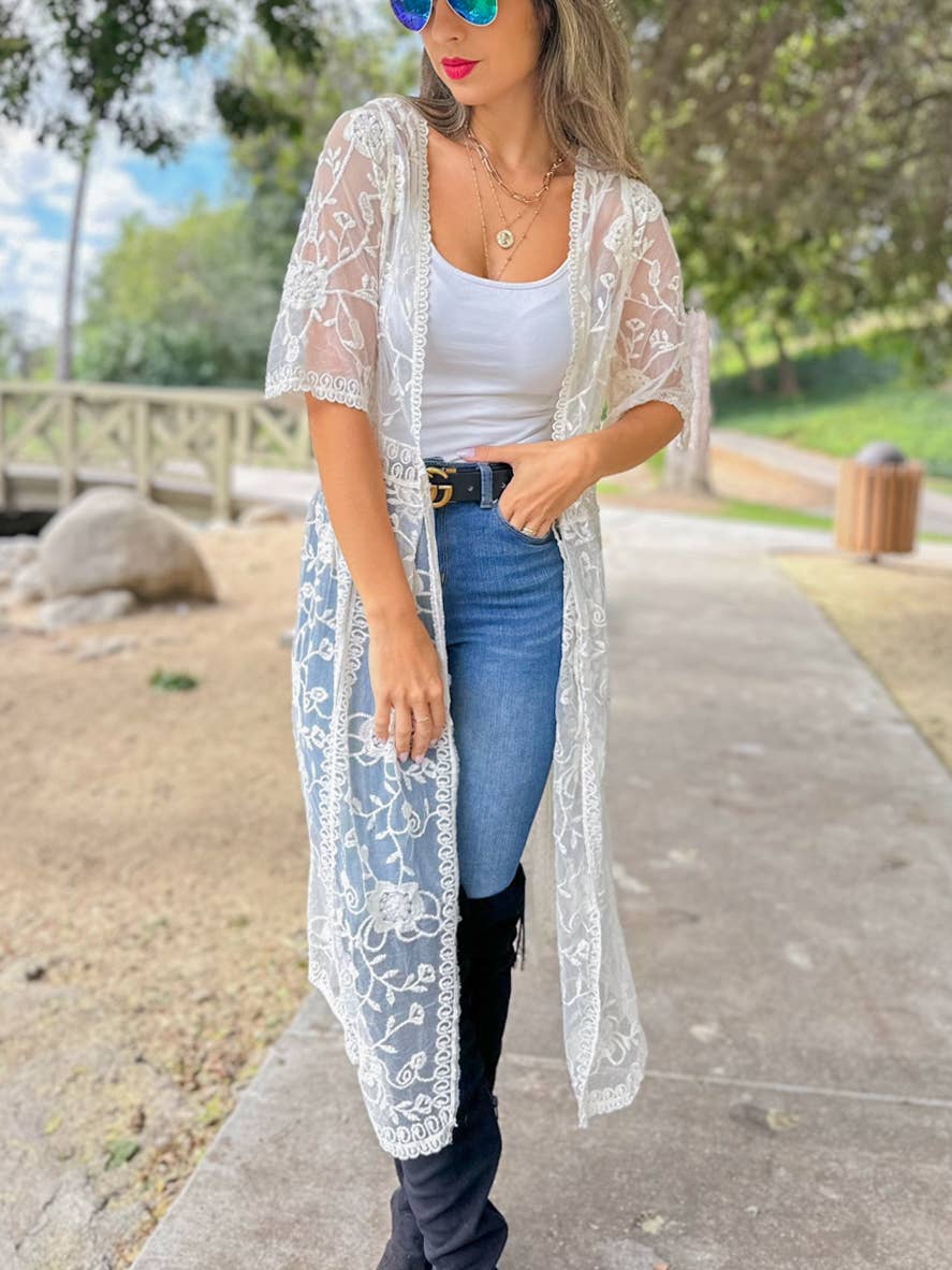 AMOLI - Ivory Boho Floral Lace Sheer Dressy Maxi Kimono Cover Up