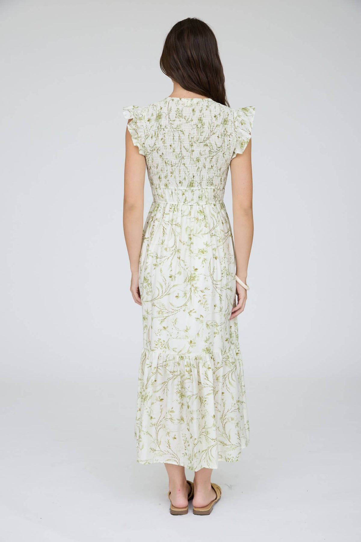 MINE - FLORAL SMOCKED V NECK BUTTON DOWN MIDI DRESS