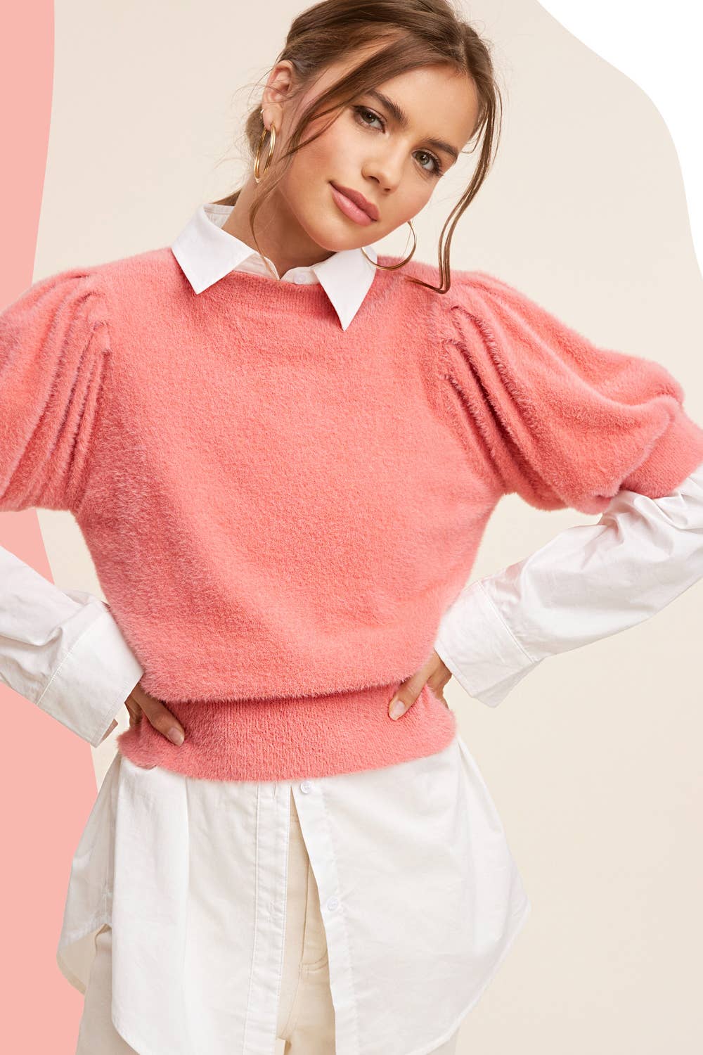 JCS3554-Soft Mohair Puff Short Sleeve Knit Top