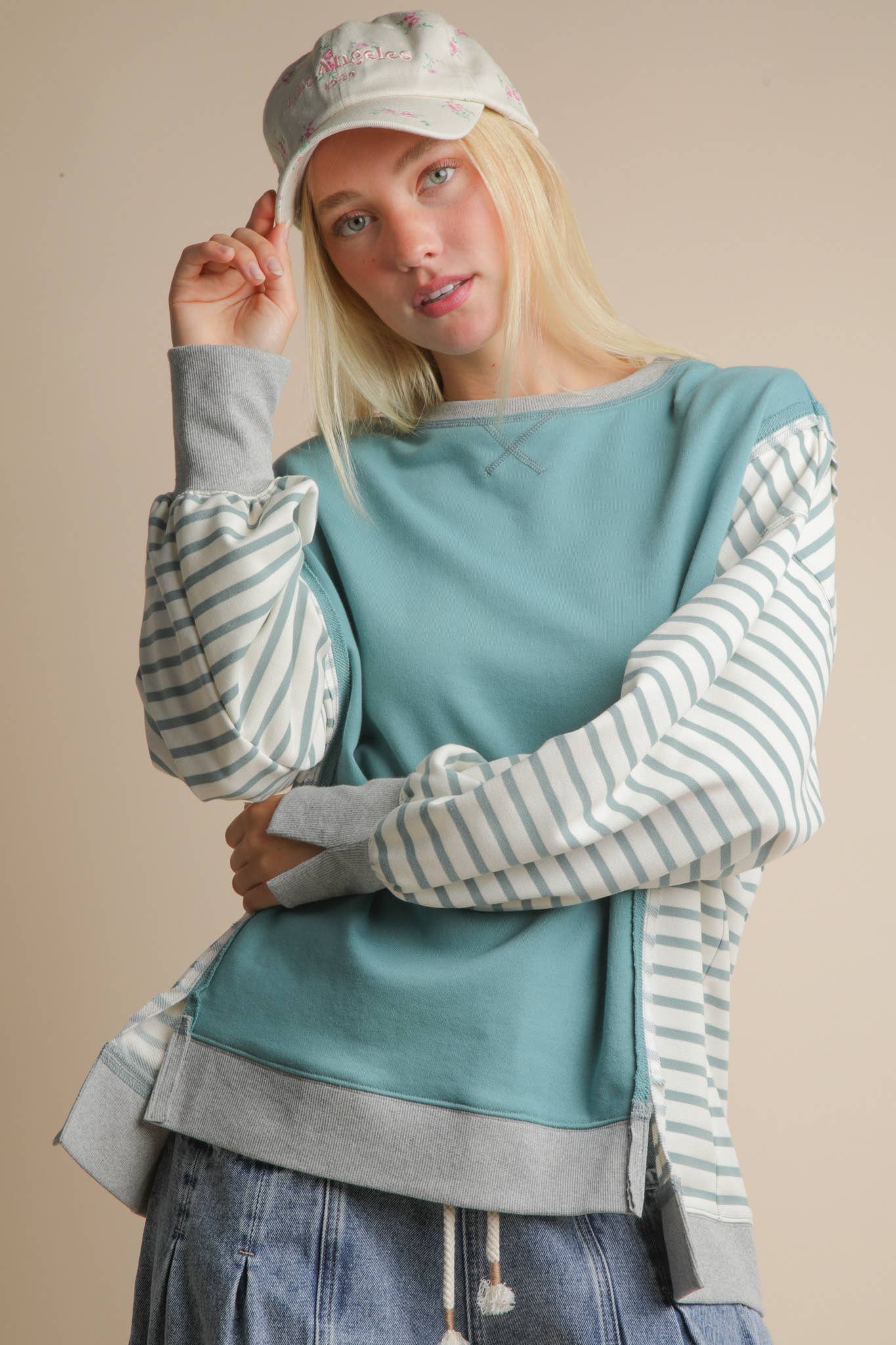 NT12221-Oversized Striped Casual Knit Top