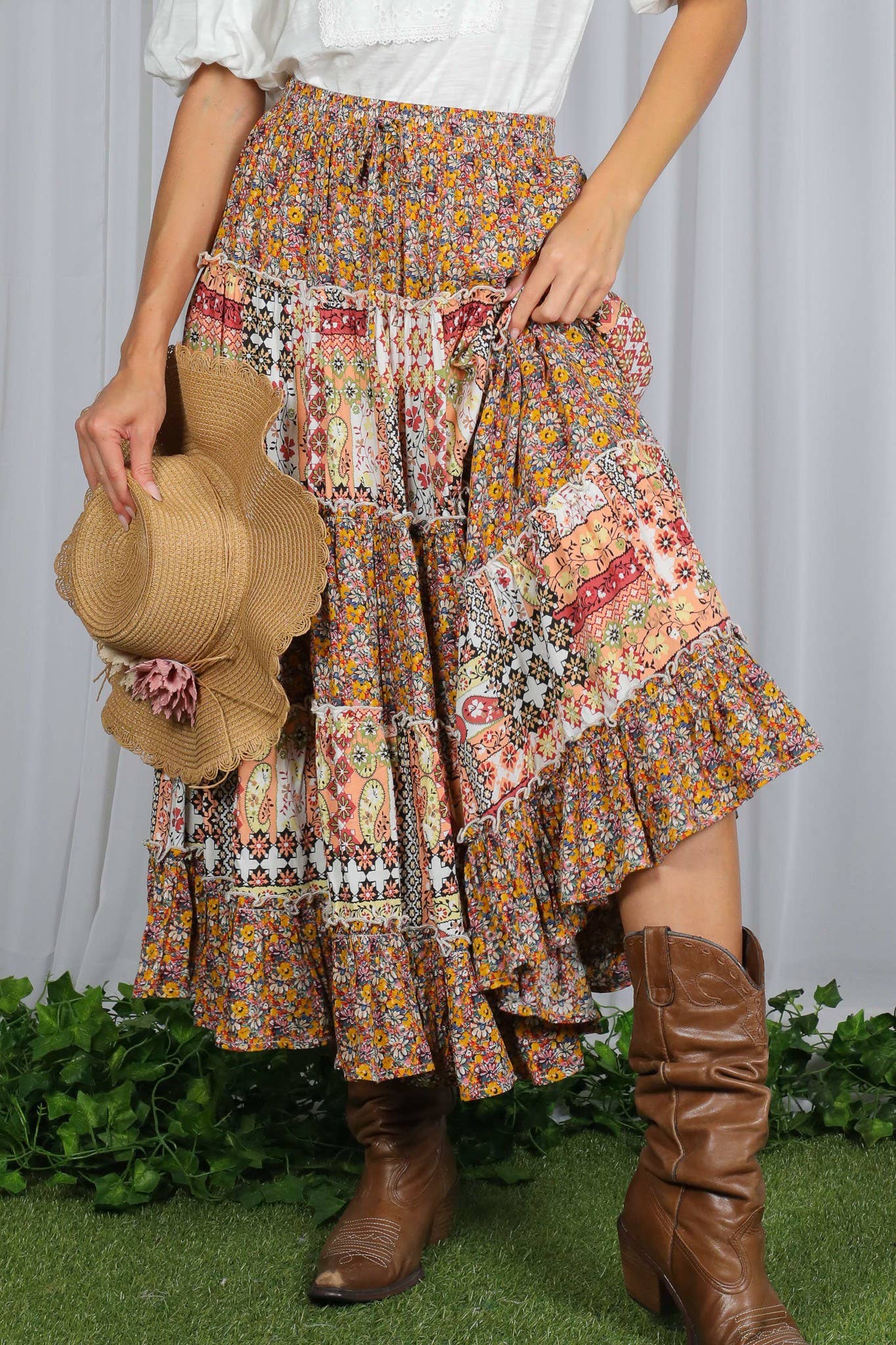 Patchwork Floral Print Bohemian-Inspired Maxi Skirt VS83041