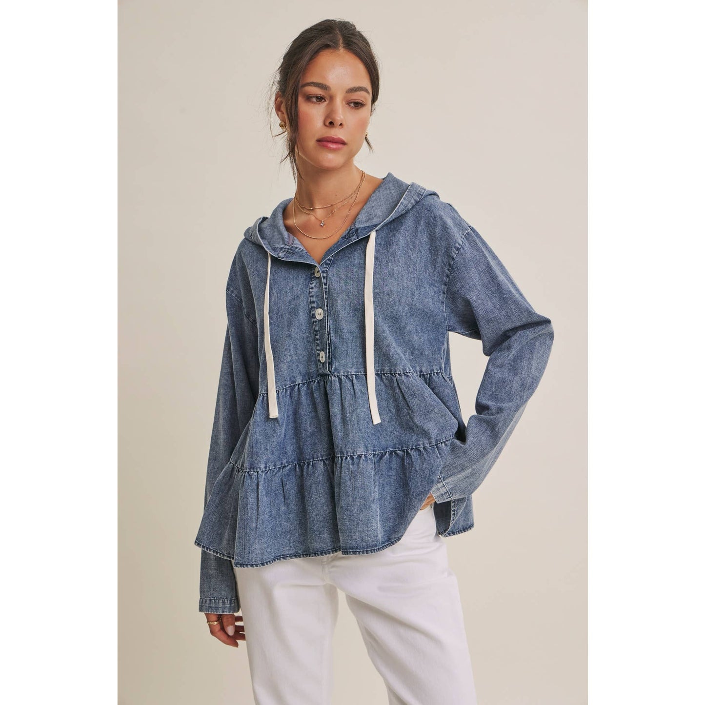 in february - DUSTY ROAD MINERAL-WASHED HOODED TIERED RUFFLES DENIM TOP
