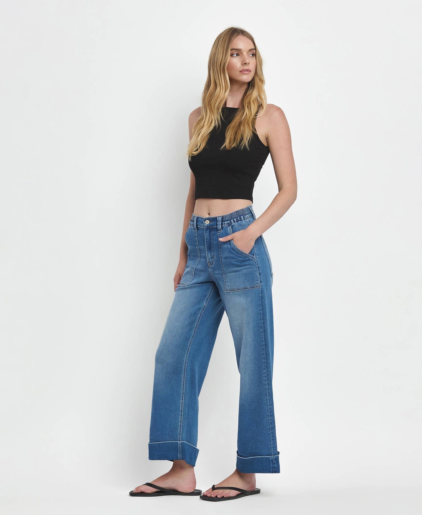 HIGH RISE DOUBLE CUFFED BAGGY WIDE JEANS V3589