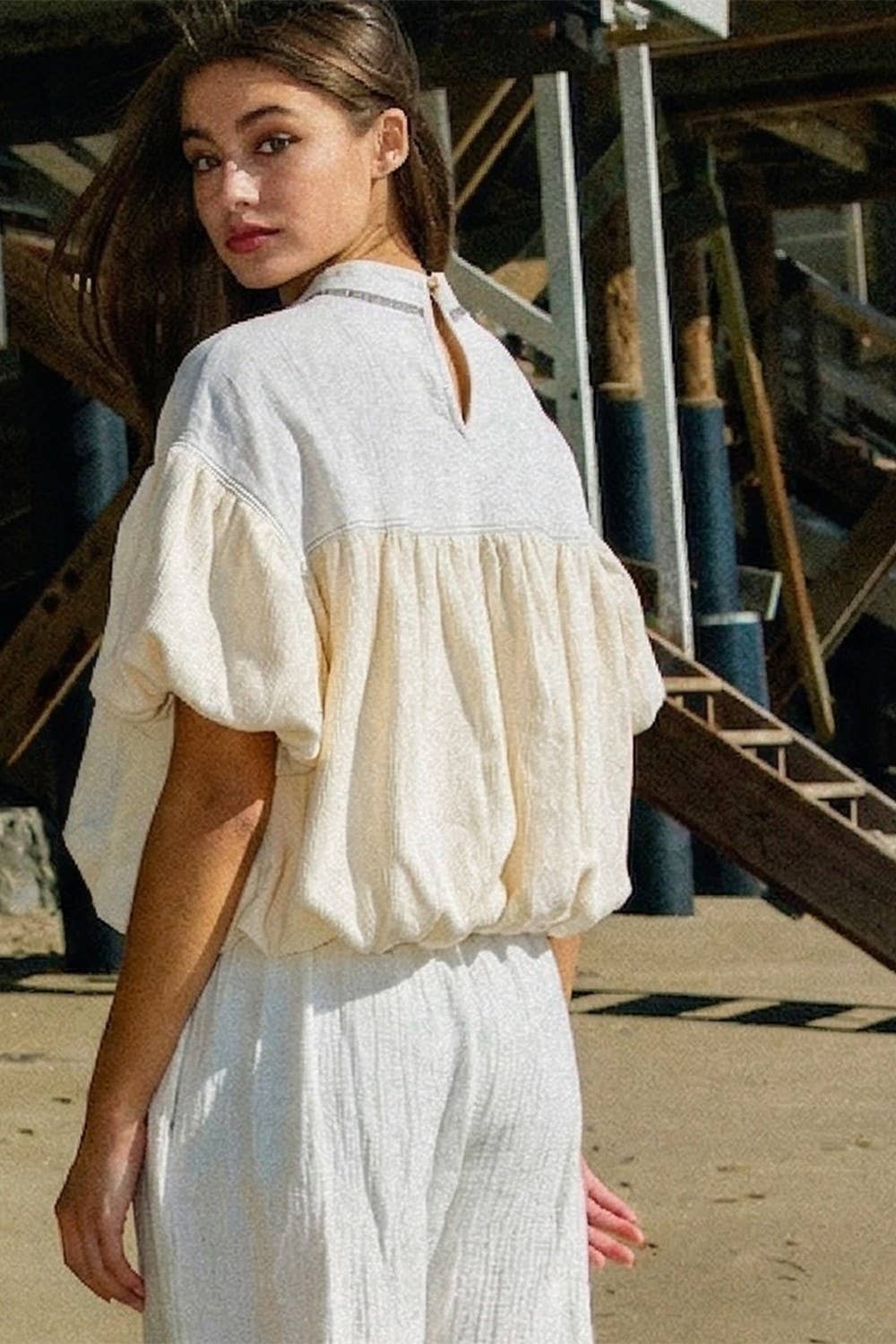 BUCKETLIST INC - T2965 Ruffle Sleeve & Hem Contrast Detail Crop Top