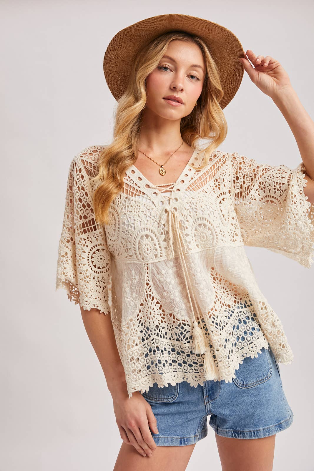Bluivy - BOHO SHEER CROCHET LACE TOP WITH TASSELS