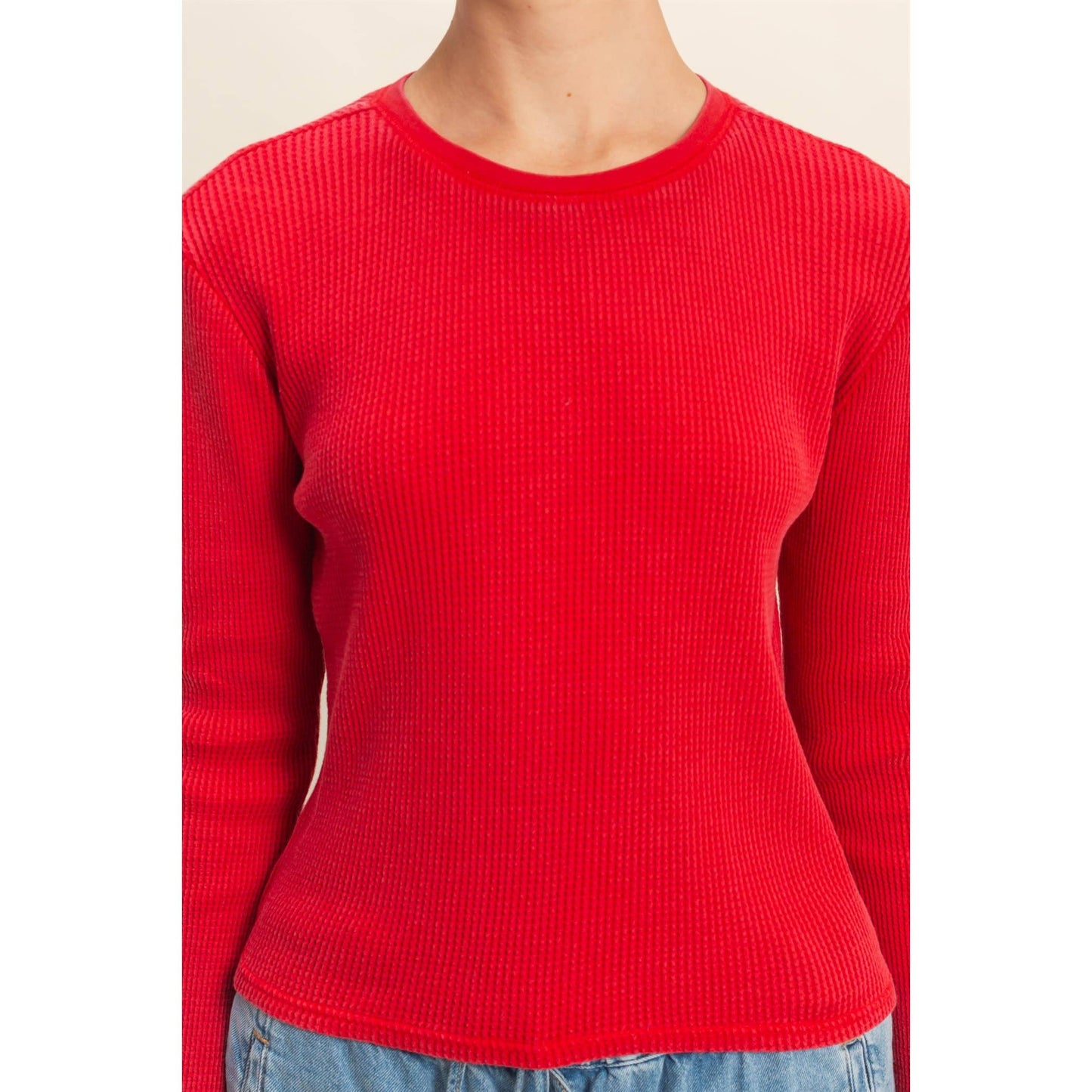 Mineral Wash Waffle Knit Long Sleeve Top