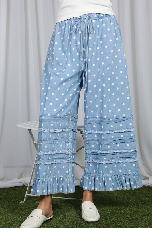Vine & Love - Polka Dot Flared Ruffle 100%Cotton Crop Denim Pants VP83039A