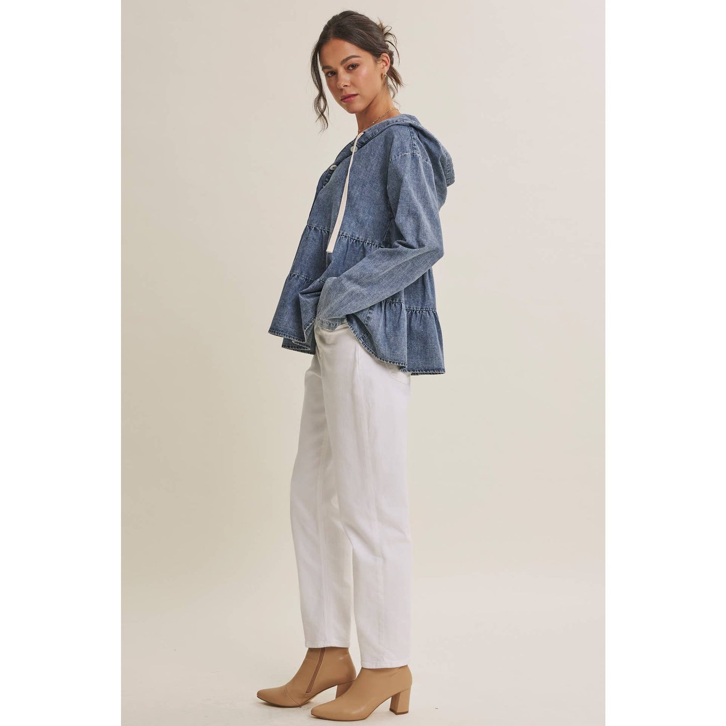 in february - DUSTY ROAD MINERAL-WASHED HOODED TIERED RUFFLES DENIM TOP